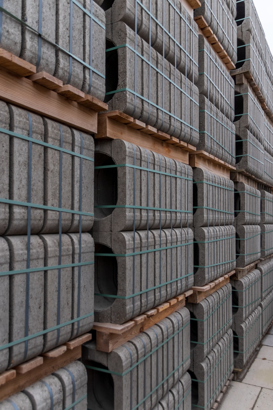 Precast concrete elements stacked for storage